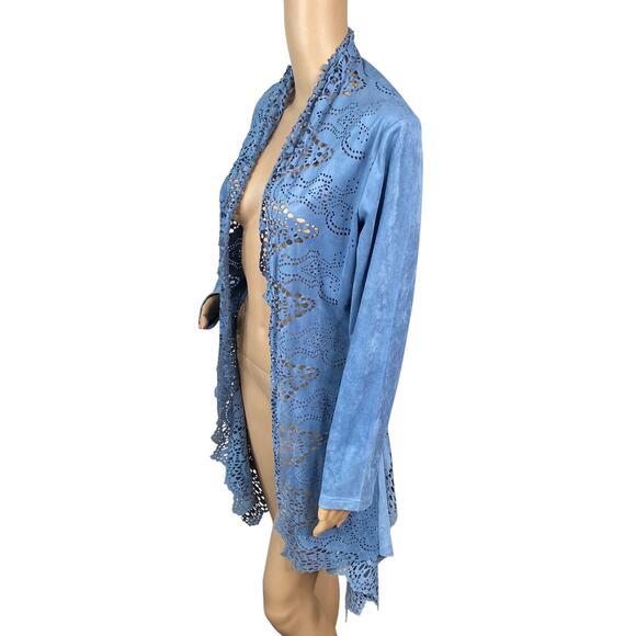 Alberto Makali Light Blue Faux Suede Laser Cut Waterfall Flyaway Cardigan SZ L - Picture 4 of 13